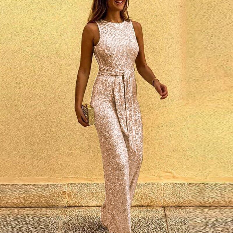 Women's Glitter Party Jumpsuit – Sleeveless Sparkle Evening Jumpsuit