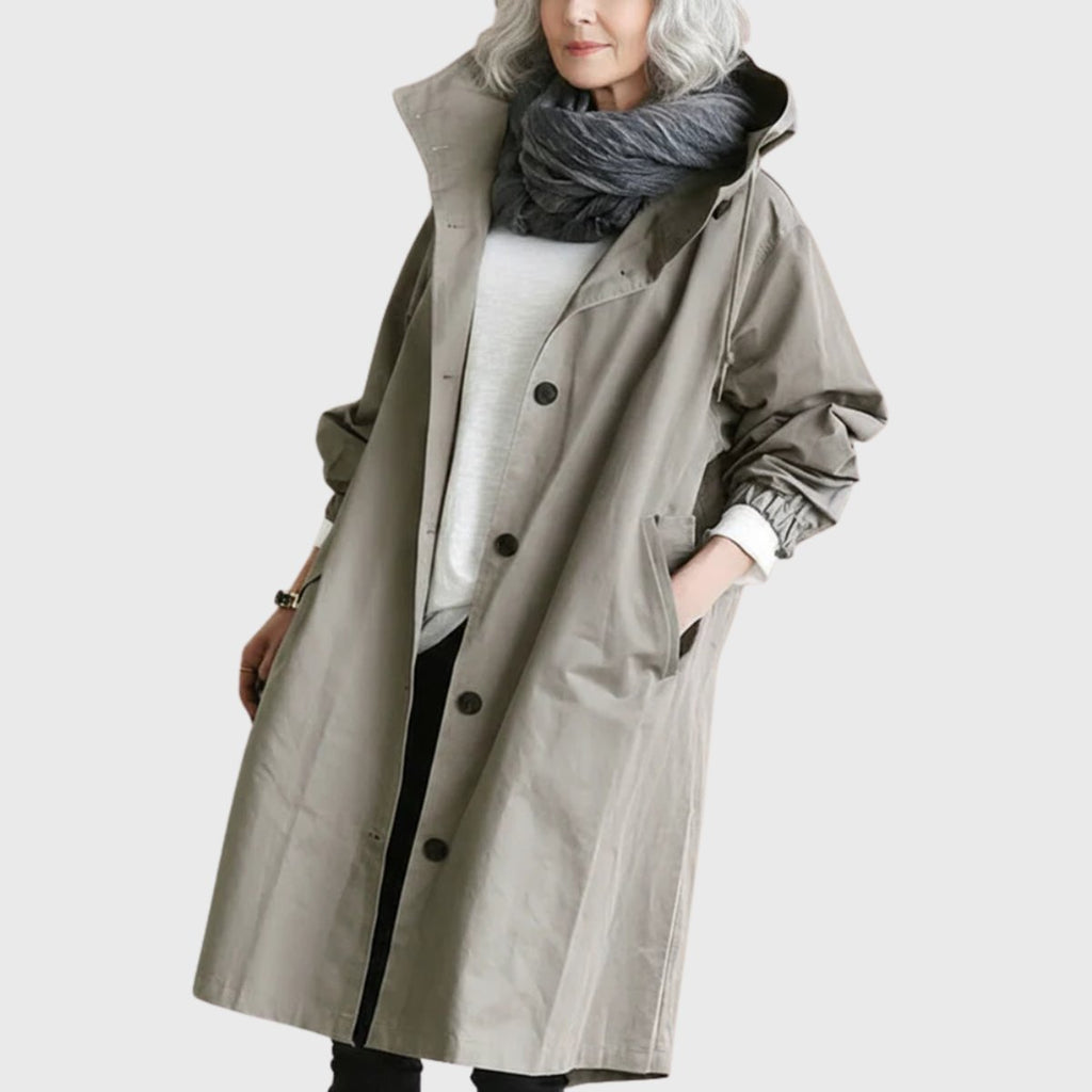 Women's Hooded Trench Coat – Water-Repellent Long Raincoat