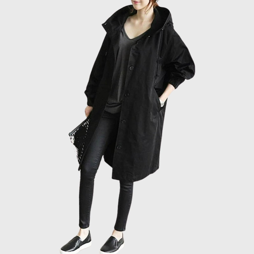 Women's Hooded Trench Coat – Water-Repellent Long Raincoat