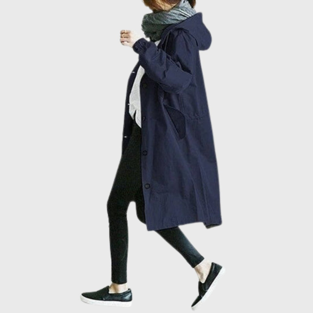 Women's Hooded Trench Coat – Water-Repellent Long Raincoat