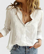 Women's Button Blouse with V Neckline and Roll-Up Sleeves