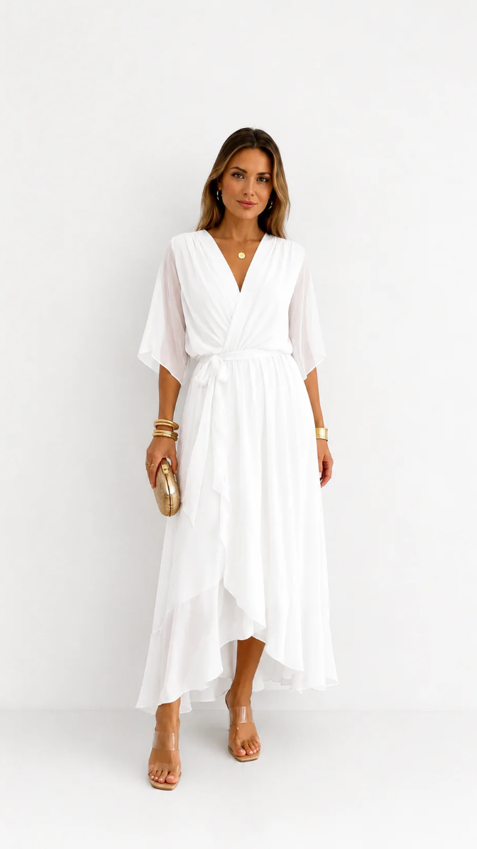 Women's V-Neck Wrap Dress – Tie Waist Flowy Occasion Dress