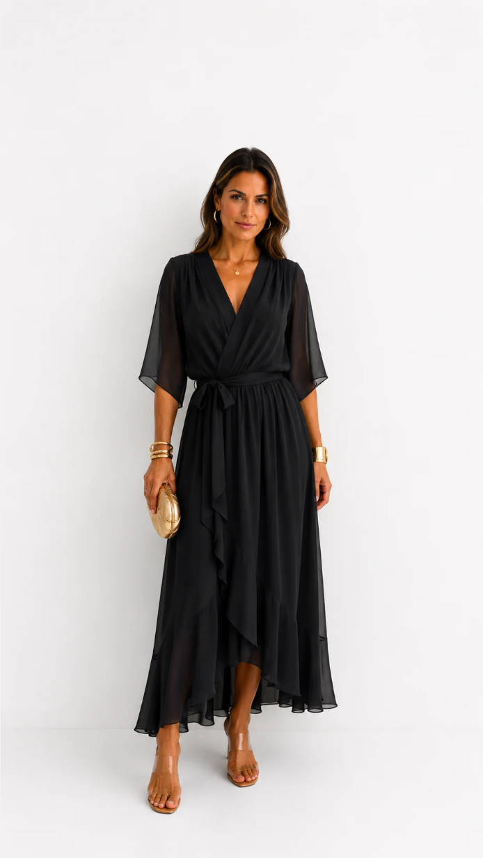 Women's V-Neck Wrap Dress – Tie Waist Flowy Occasion Dress