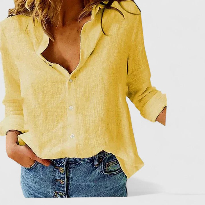 Women's Button Blouse with V Neckline and Roll-Up Sleeves