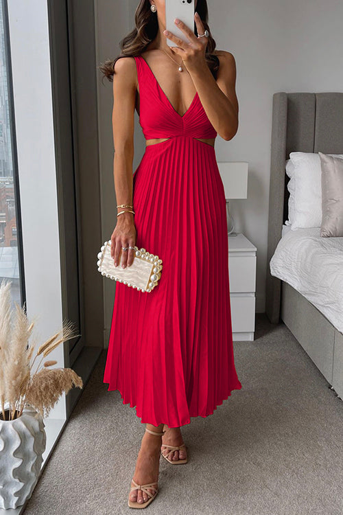 Women's Pleated V-Neck Midi Dress – Deep Neck Side Cutout Cocktail Dress