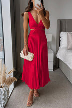 Women's Pleated V-Neck Midi Dress – Deep Neck Side Cutout Cocktail Dress