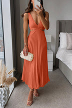 Women's Pleated V-Neck Midi Dress – Deep Neck Side Cutout Cocktail Dress