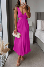 Women's Pleated V-Neck Midi Dress – Deep Neck Side Cutout Cocktail Dress