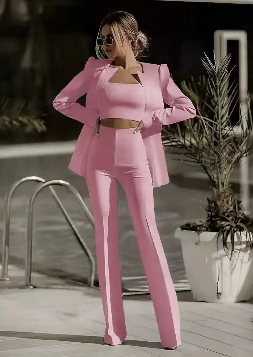 Women's Three Piece Blazer Set – Tailored Blazer Crop Top and Pants Set